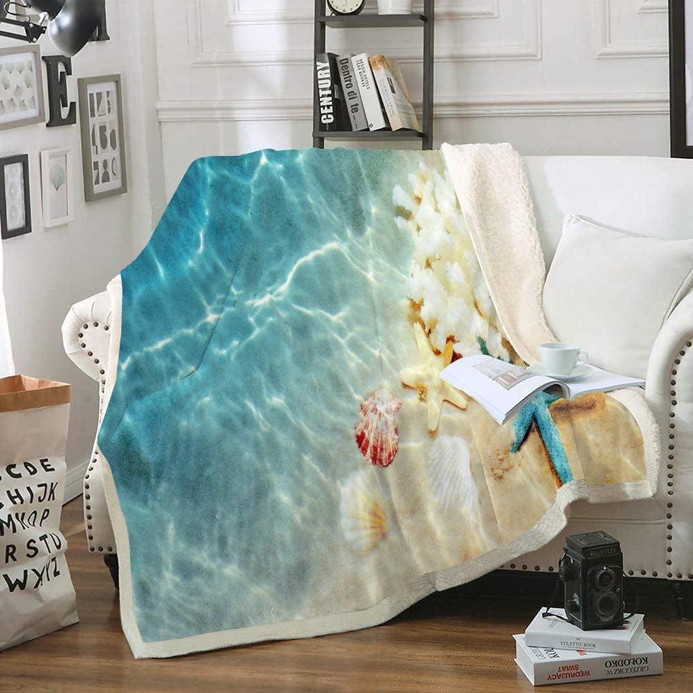 HHHC Queen Size Ocean Blanket for Bed Sherpa Fleece Blanket Teal Beach Ocean Themed Soft Warm Plush Throw Blanket for Bed Couch Sofa Travel Ocean Beach Queen 90 x90 Walmart
