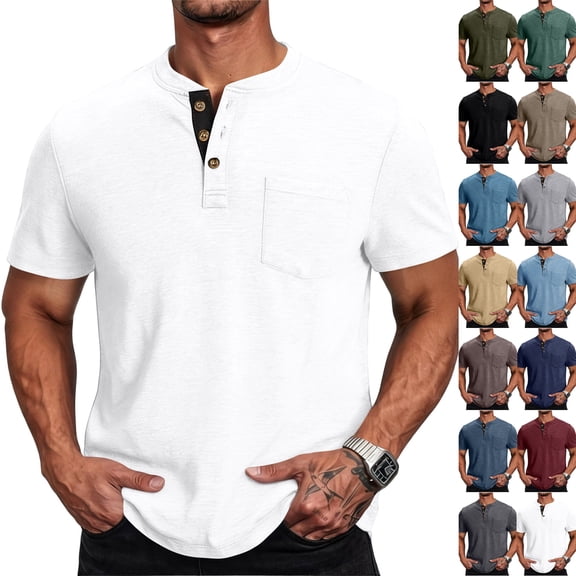 Mens Henley Shirts Short Sleeve Button T-Shirts Summer Athletic Lightweight Tee Shirts with Pocket,White,L