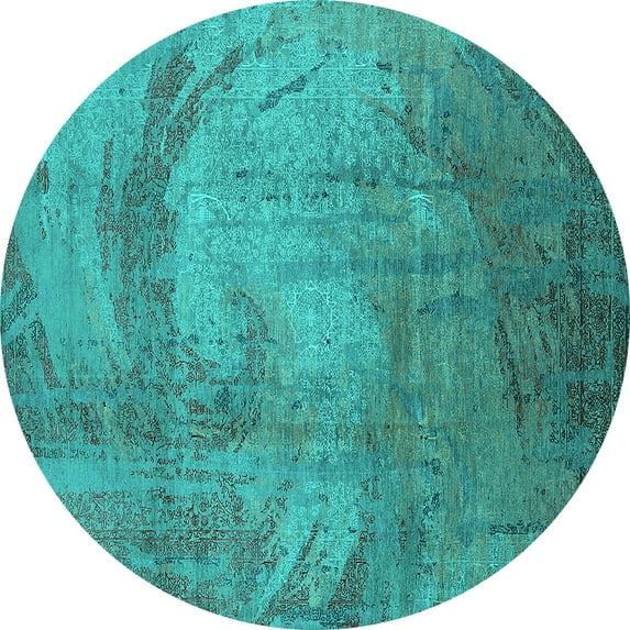 Ahgly Company Machine Washable Indoor Round Oriental Turquoise Blue Industrial Area Rugs, 7' Round