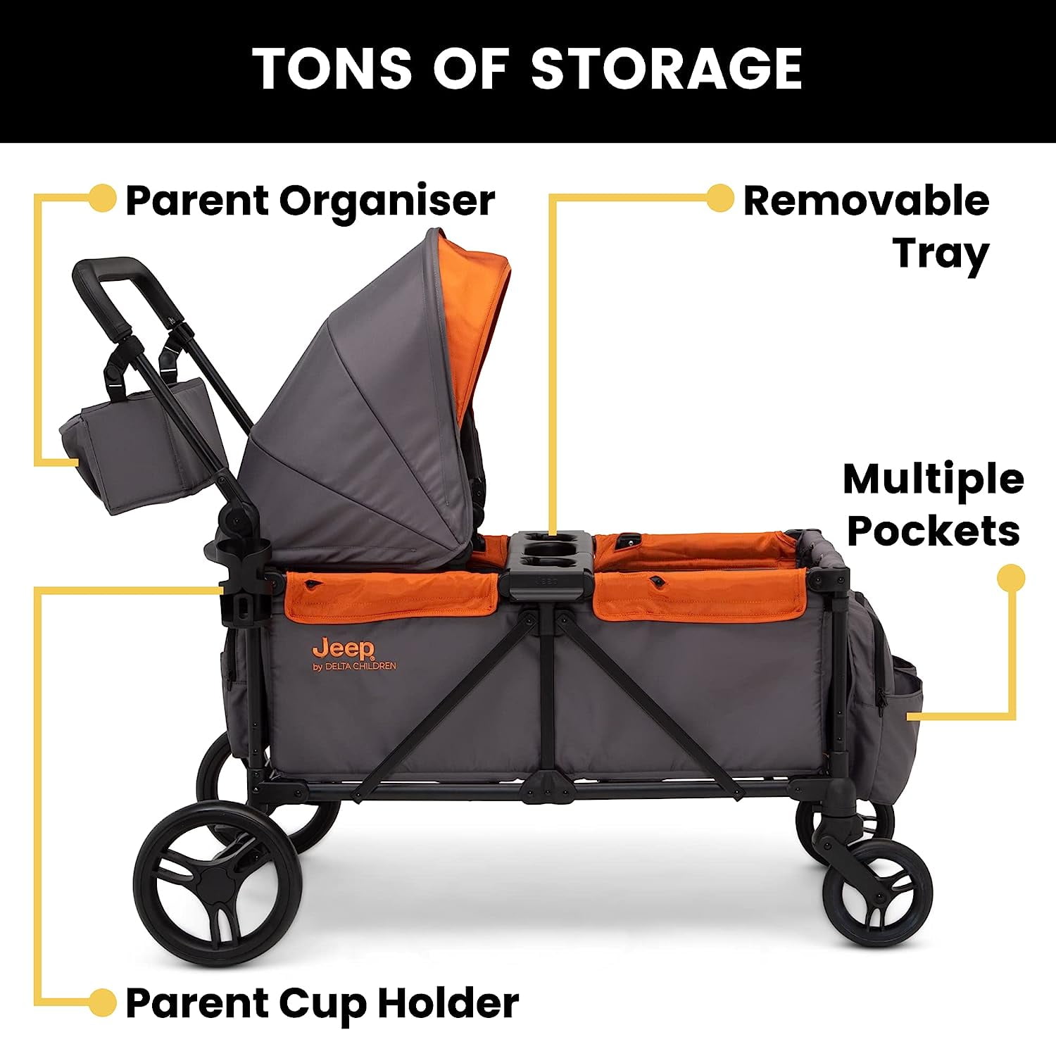 Delta Children - Brandclub - Jeep Sport All-Terrain Stroller Wagon by Delta  Children - Includes Canopy, Parent Organizer, Adjustable Handlebar, Snack  Tray & Cup Holders, Grey/Bonfire