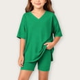 thumbnail image 3 of Iyufng Old Girls 2 Piece Outfits Summer Casual Sets Solid Color V-Neck Short Sleeve Top and Shorts 4-15 Years, 3 of 7