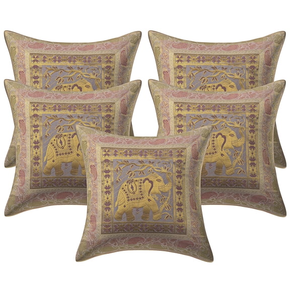 Stylo Culture Ethnic Couch Throw Pillow Covers 16x16 Jacquard White Square 40cm x 40cm Home Decor Brocade Elephant Floral Zippered Cushion Covers | Set Of 5