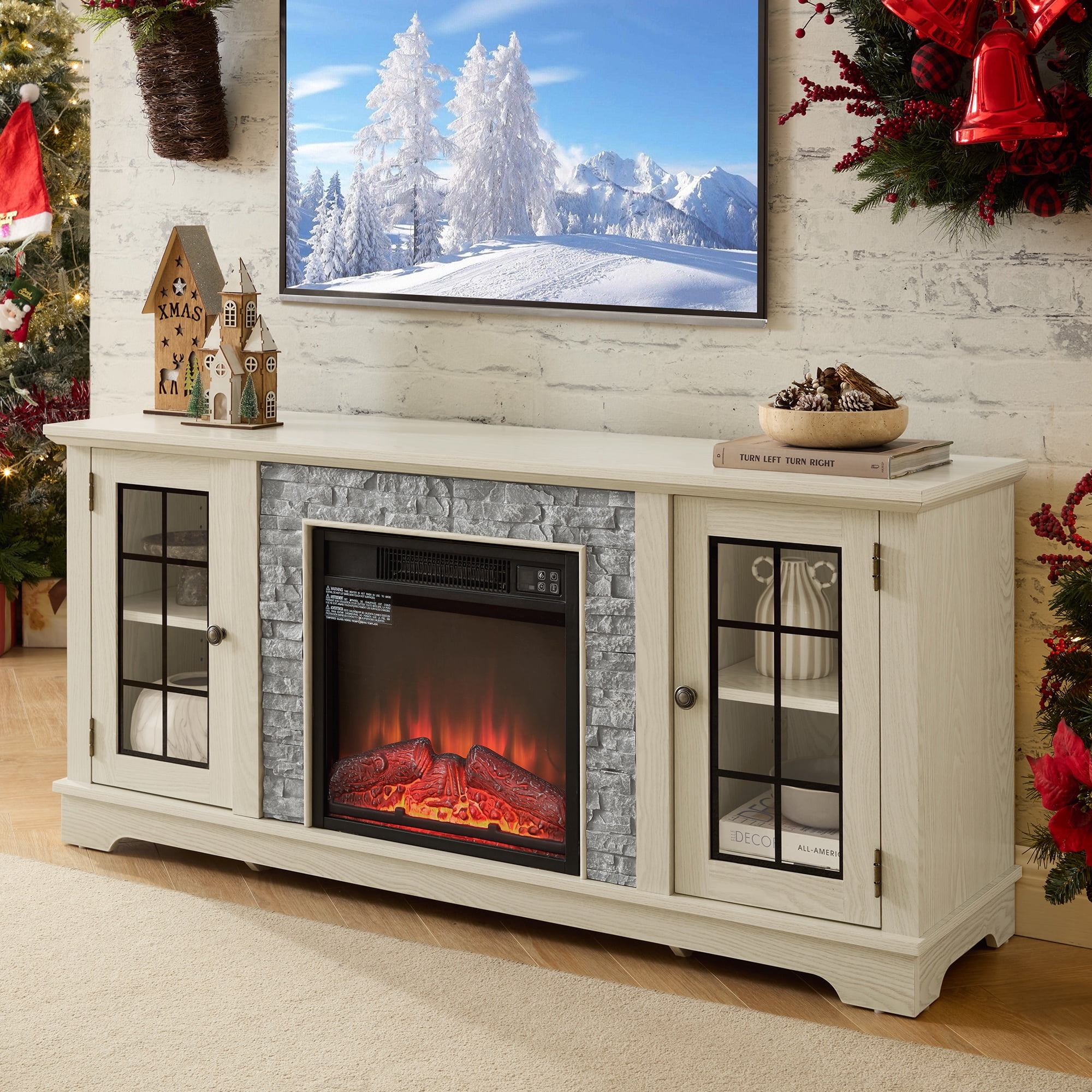 Fireplace TV Stand for TVs up to 65", Paproos Farmhouse TV Stand with 18" Electric Fireplace, Entertainment Center Televison Console Table with Realistic Stacked Stone & Adjustable Shelves, White