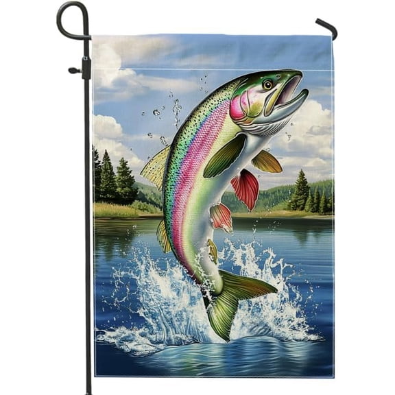 Rainbow Trout Garden Flag Double Sided Burlap Yard Flag Colorful Fish Outdoor Decor Nature Themed Home Decoration 12x18 Inch