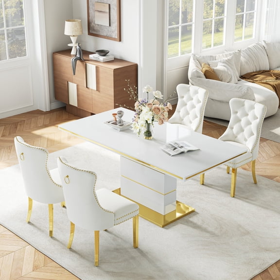 5-Piece Dining Table Set, Modern Luxury Table with 4 Velvet Stainless Steel Chairs, for Kitchen, Living Room, Apartment