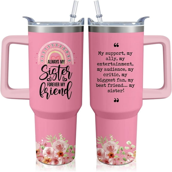 40oz Sister Tumbler with Handle and Straw, Insulated Stainless Steel Cup, Travel Coffee Mug Water Bottle, Birthday Gifts for Women