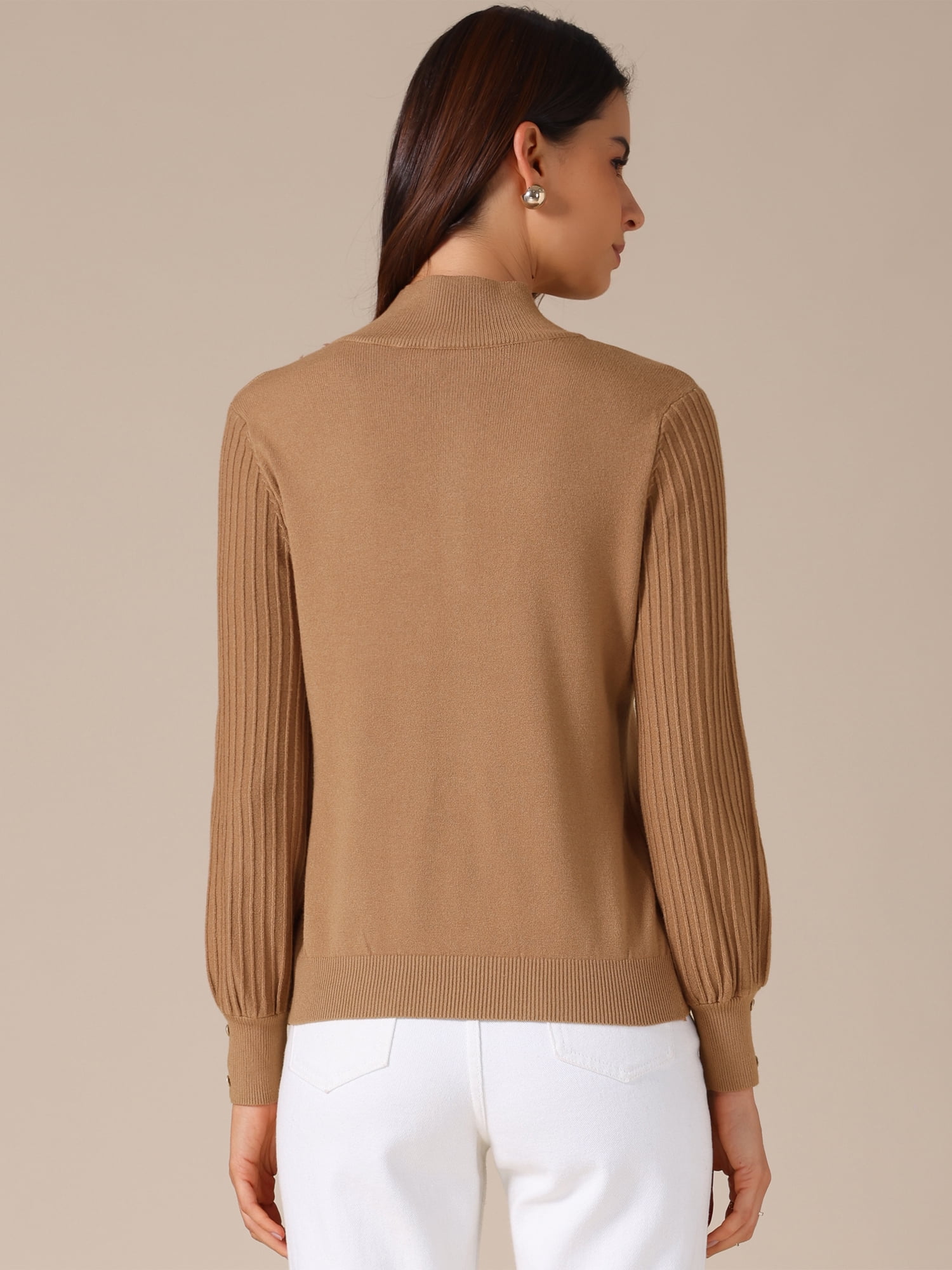 DARING DIVA Women's Casual Mock Neck Long Sleeve Button Knit Top S Brown