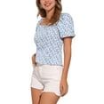 thumbnail image 4 of INSPIRE CHIC Women's Puff Sleeve Tops Sweetheart Neck Smocked Floral Blouses M White Blue, 4 of 6