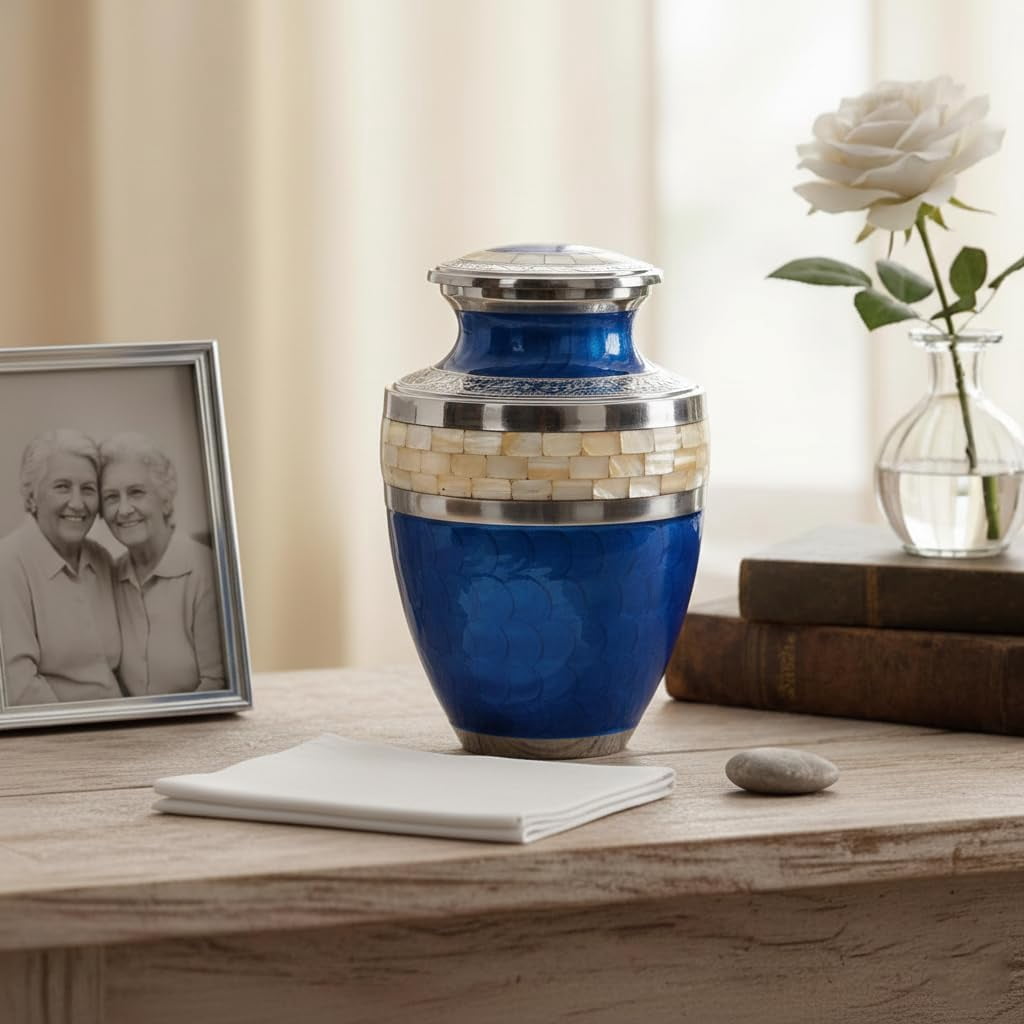 Cresta Modern Cremation Urn for Human Ashes - Handmade Large Adult Urns for Ashes - Funeral Urn for Men & Women - Burial Urns for Home - Aluminum Blue