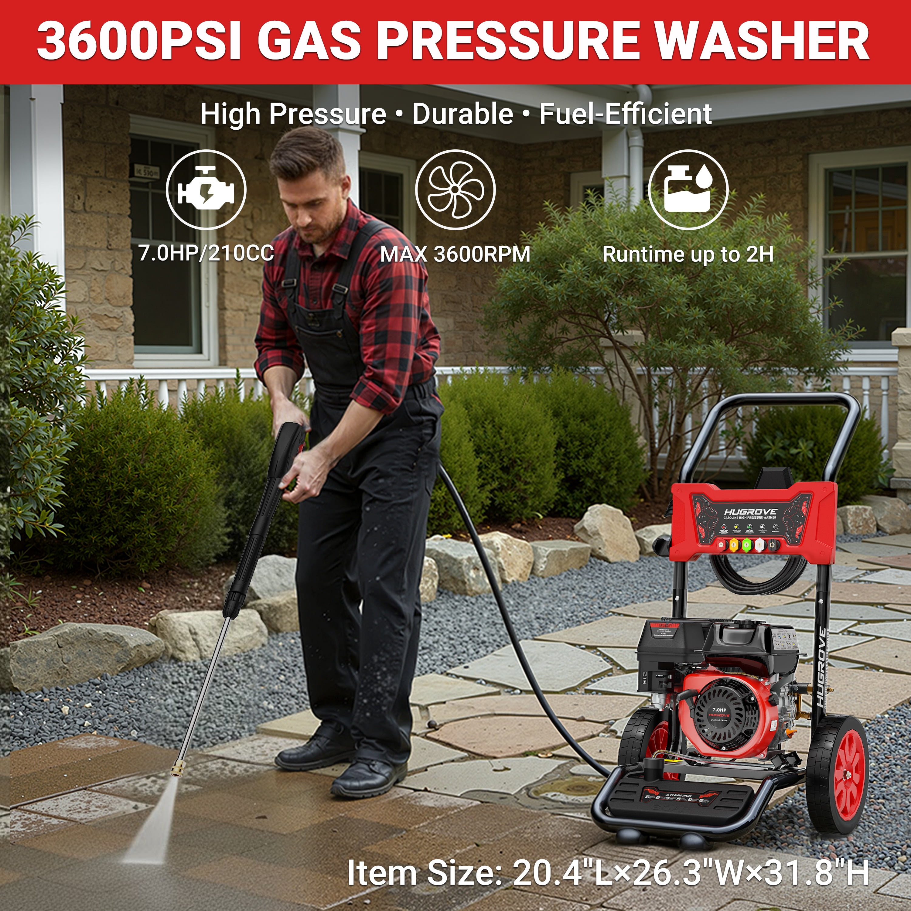 Seizeen Pressure Washer Gas Powered, 3600 PSI Power Washer w/Buil-in Soap Tank, Portable Water Washer w/5 Quick Nozzles, 25FT Hose, 210CC OHV Engine, 2.6 GPM Powerful Pump