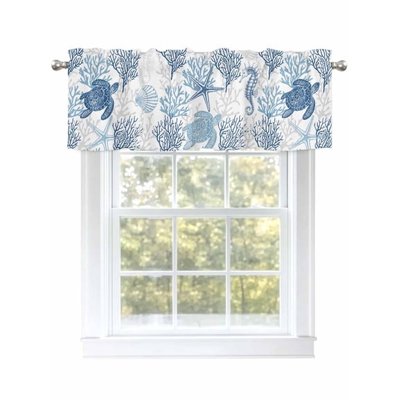 Valance Curtain Summer Ocean Sea Coral Kitchen Curtain for Window Shell Star Blue Turtle Seahorse Rod Pocket Curtain Valance Window Treatment for Kitchen Bathroom Dining Room 1 Panel 54x18inch