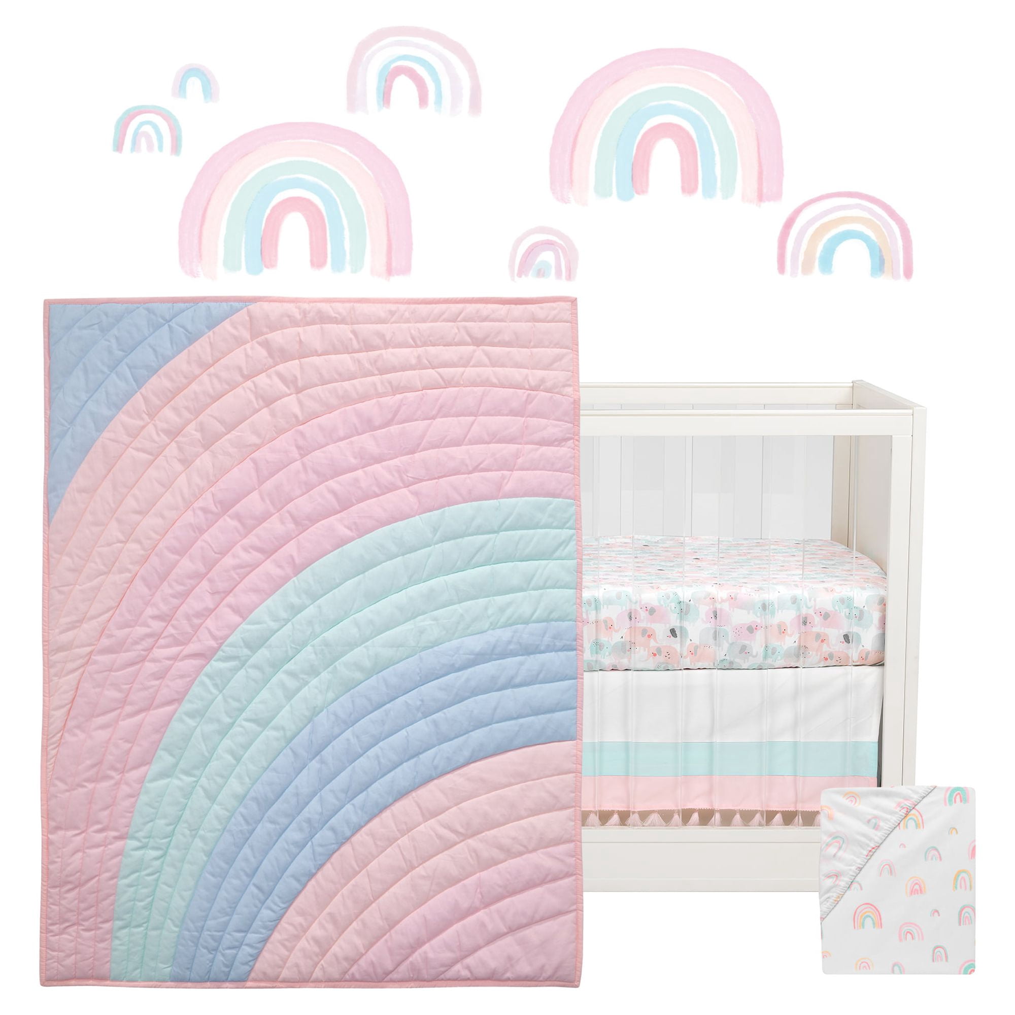Lambs & Ivy Watercolor Pastel Pink/Mint Rainbow 5-Piece Baby Crib Bedding Set