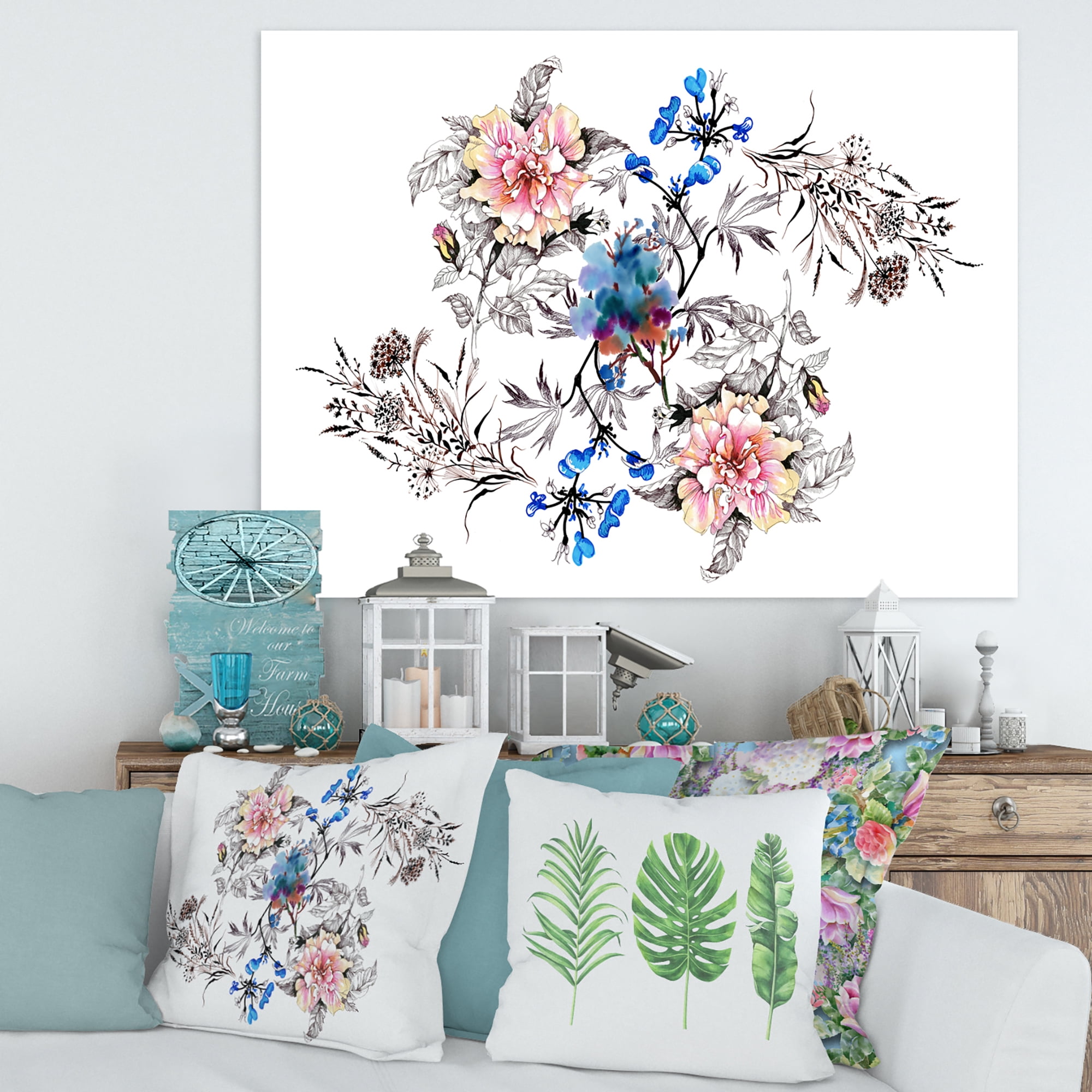 Pink and Blue Wildflowers 8 in x 12 in Painting Canvas Art Print, by Designart