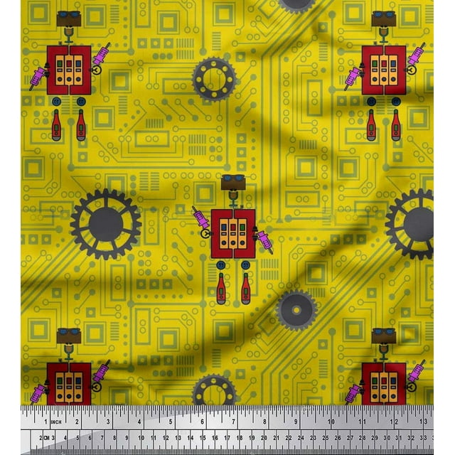 Soimoi Yellow Georgette Viscose Fabric Cartoon Machine & Gear Parts Hardware Decor Fabric Printed Yard 42 Inch Wide