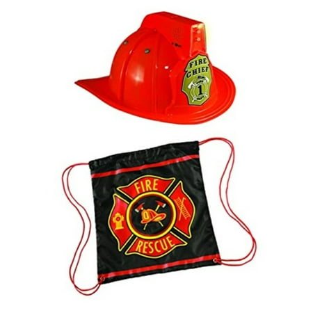 Aeromax Fire Chief Red Helmet with Sirens, Lights and Firefighter Drawstring Backpack (2 Piece