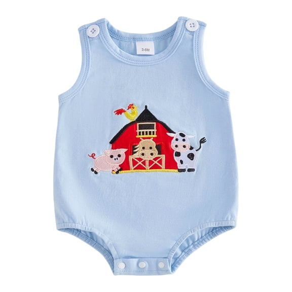 BemeyourBBs Newborn Baby Boy Summer Clothes Infant Baby Boy Farm Animal Outfit Tank Romper Overalls Animal Embroidered Sleeveless Bubble Bodysuit Playsuit Jumpsuit