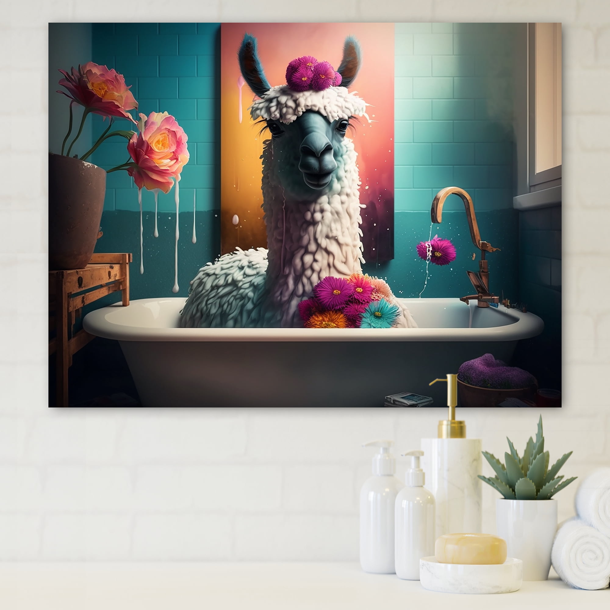 Designart Funny Llama In The Bath III Canvas Wall Art