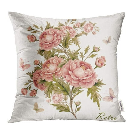 - ARHOME Red Watercolor Rose Bouquet with Butterflies 1 Vintage Retro Pastel Toned Pink Pillowcase Cushion Cover 18x18 inch