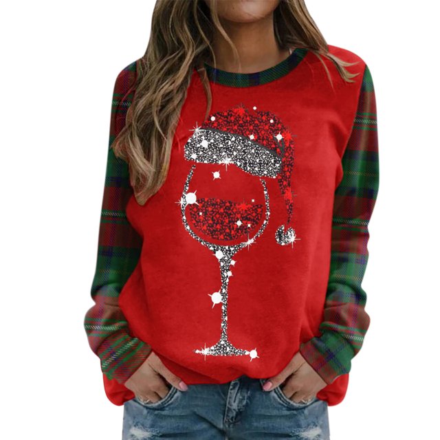 2023 Chandail en Molleton de Noël pour Femmes en Liquidation Mode de Noël Décontracté Manches Longues Col Rond à Carreaux Imprimé Chandail en Molleton Blouse