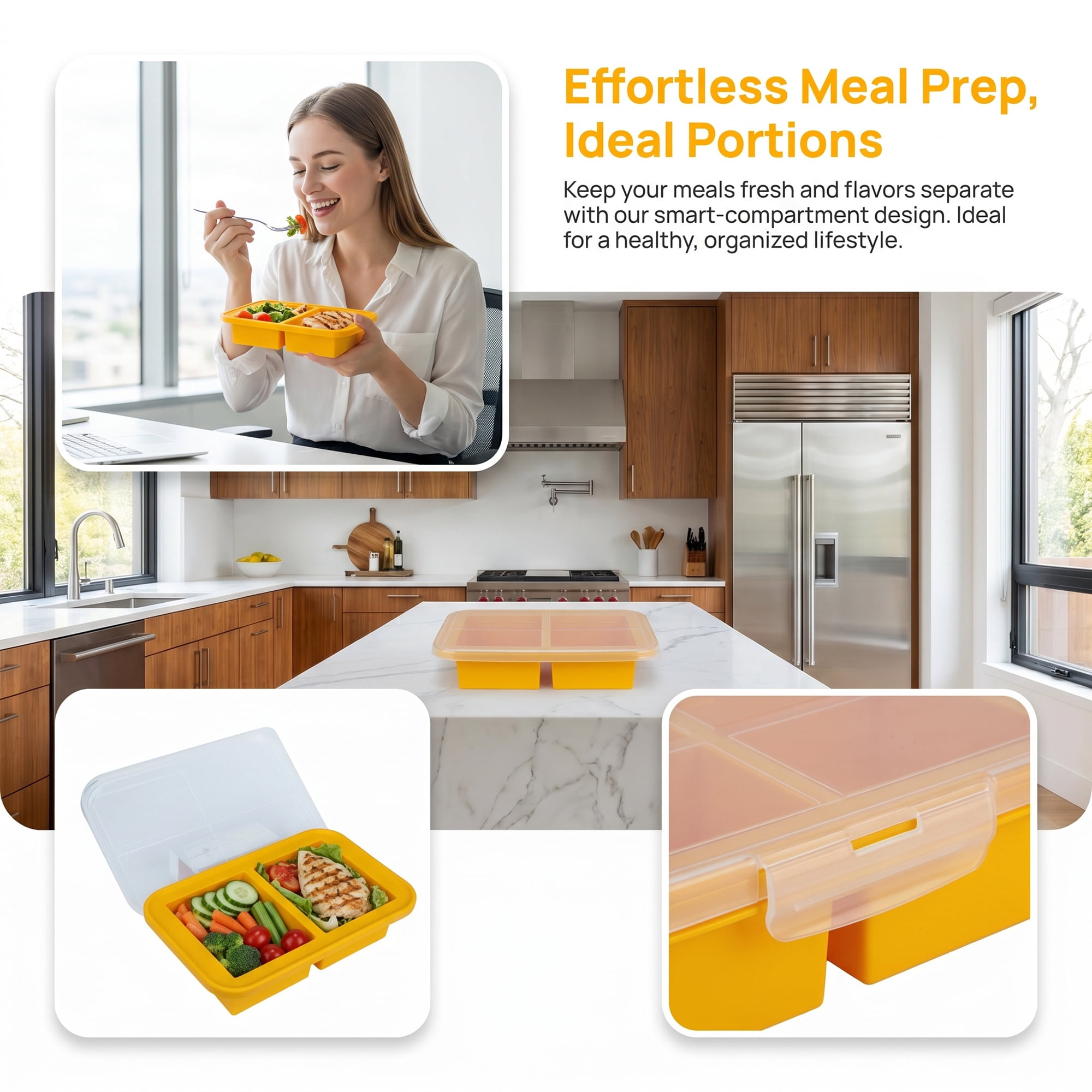 Unique Bargains Silicone Leak-Proof Meal Prep Container Lunch Bento Box Orange-3