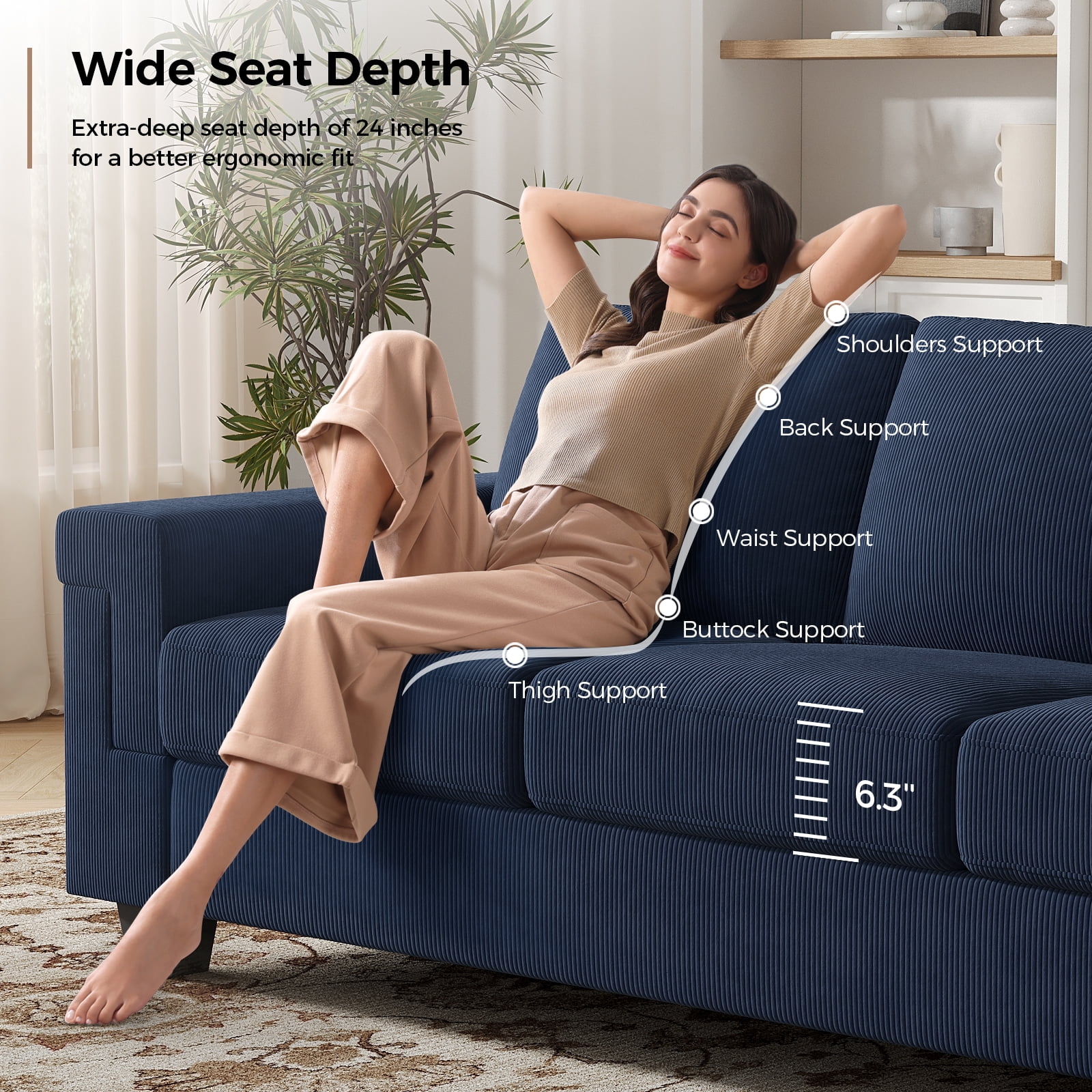 BLAZANT 90" 3 Seater Sofa Couch with Deep Seat, 90" Modern Upholstered Sofa with Armrests, Easy Installation, Comfy Couches for Living Room, Apartment,Blue