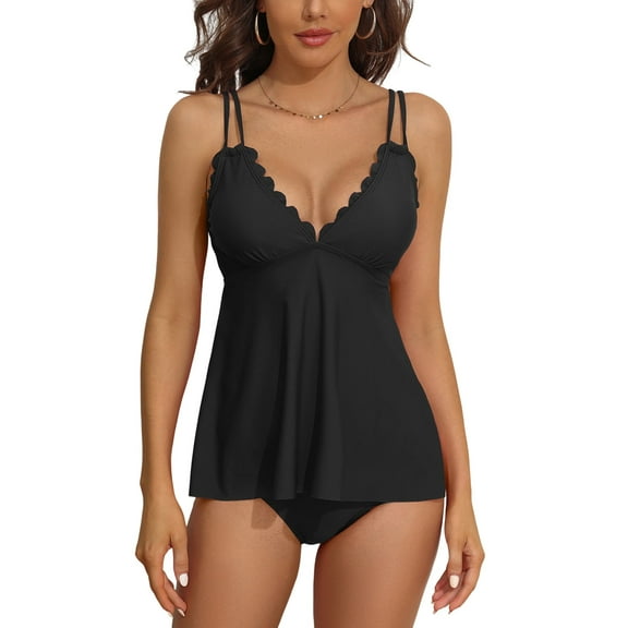 Charmo Scallop Trim V Neck Flowy Two Piece Swimsuit Sets (Women's)