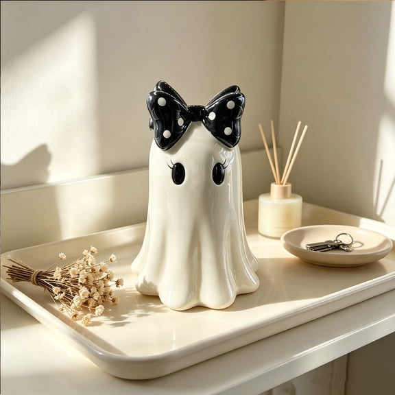 Cute Ghost Figurine with Black Polka Dot Bow, 5.9 Inch Spooky Tabletop Resin Statue, Halloween Home Decor Ornament for Shelf Desk
