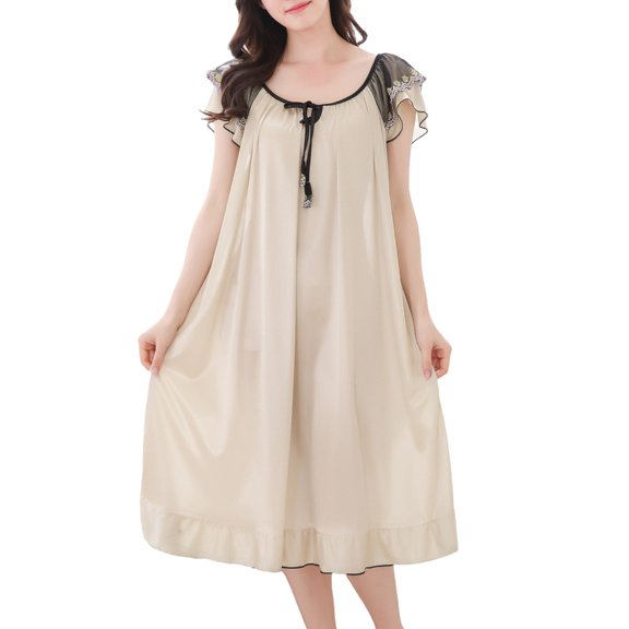 Huhudde Summers Ice Silk Nightgowns for Women,Short Sleeve Sleep Dress Night Gowns Loose Sleepshirt Sleepwear Nightdress Gifts