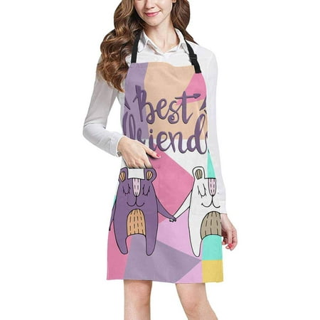 ASHLEIGH Funny Bears with Best Friends Quotes Chef Kitchen Apron, Adjustable Strap Waist Ties, Front Pockets, Perfect for Cooking, Baking,