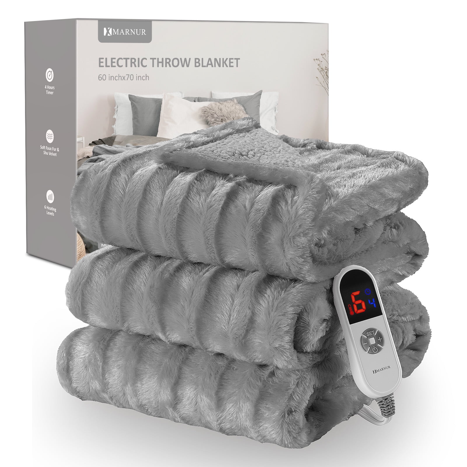 MARNUR Electric Throw Blanket Extra Large Size, 50" x 72" Soft Faux Fur Heated Blanket, 6 Heating Levels, 4 Hours Timer - Gray