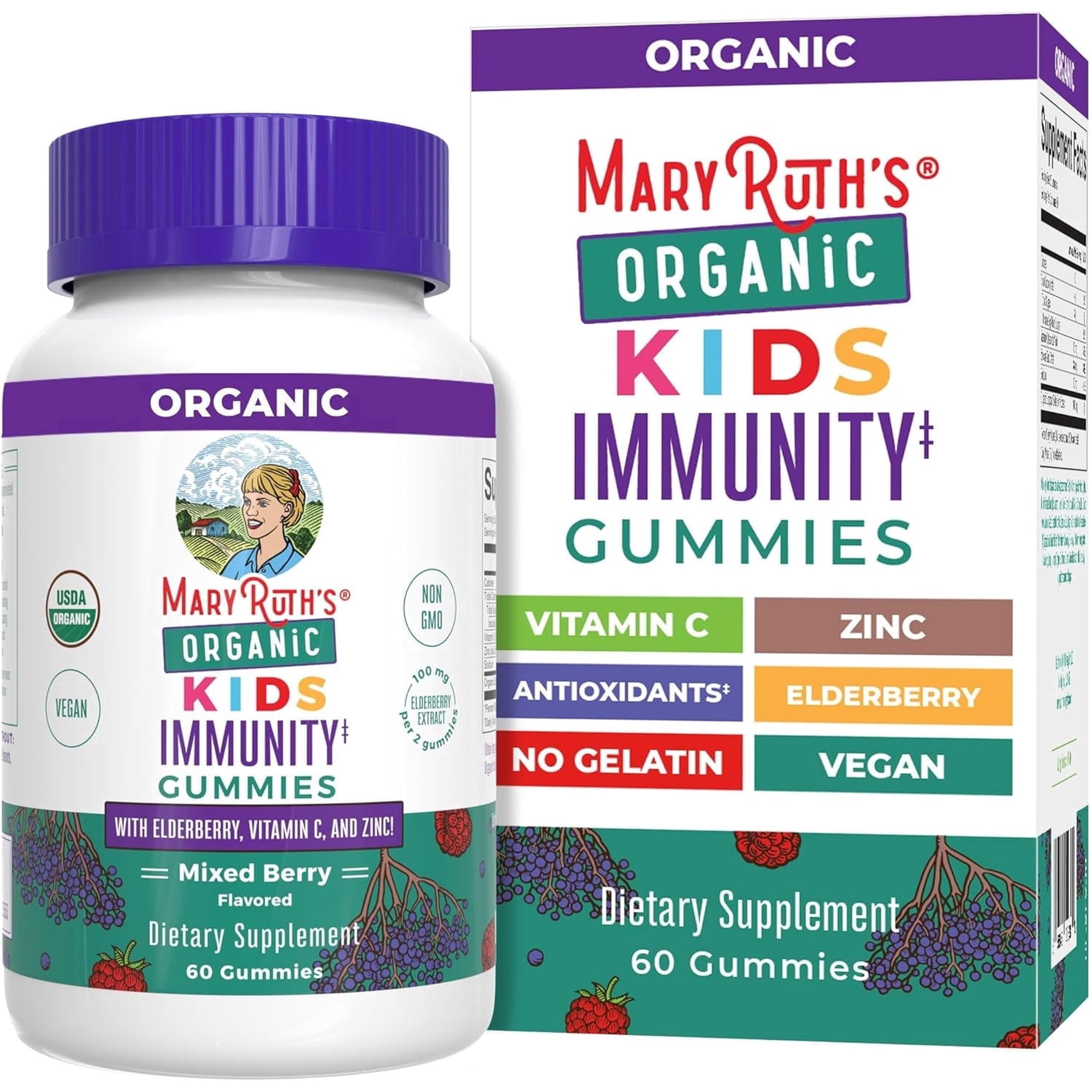 MaryRuth's Kids Immunity Gummies, USDA Organic, Dietary Supplement, Elderberry Zinc, Immune Support, Mixed Berry Flavor, Vegan, Gluten-Free, 60 Count