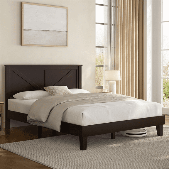Renwick Queen Size Modern Farmhouse Platform Bed for Adults, Espresso