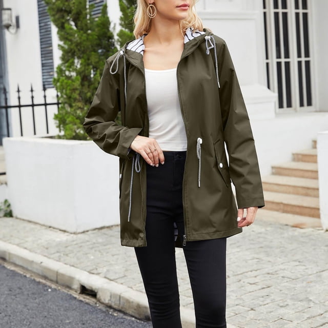 EQWLJWE Imperméable Léger Grande Taille pour Femmes Imperméable à Capuche Rayé Taille Ajustable Coupe-Vent Léger Activité Extérieure Coupe-Vent Imperméable pour Femmes Grande Taille en Liquidation