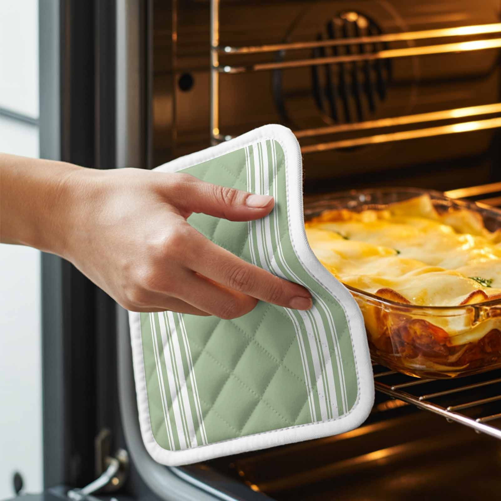 Sage Green Pot Holders for Kitchen Heatproof Potholder, 4 Pack Farmhouse Sage Green White Striped Hot Pads Multipurpose Oven Pads Cloth Potholders Trivet for Cooking and Baking