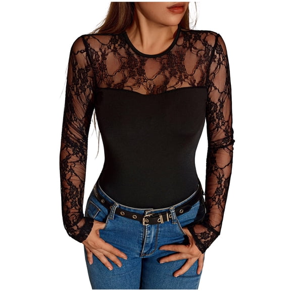 Drses Women Mesh Lace Long Sleeve Slim Top, Crew Neck Sheer See Through Blouse Sexy Club Party Date Night Fall Going Out Bodysuit Tee