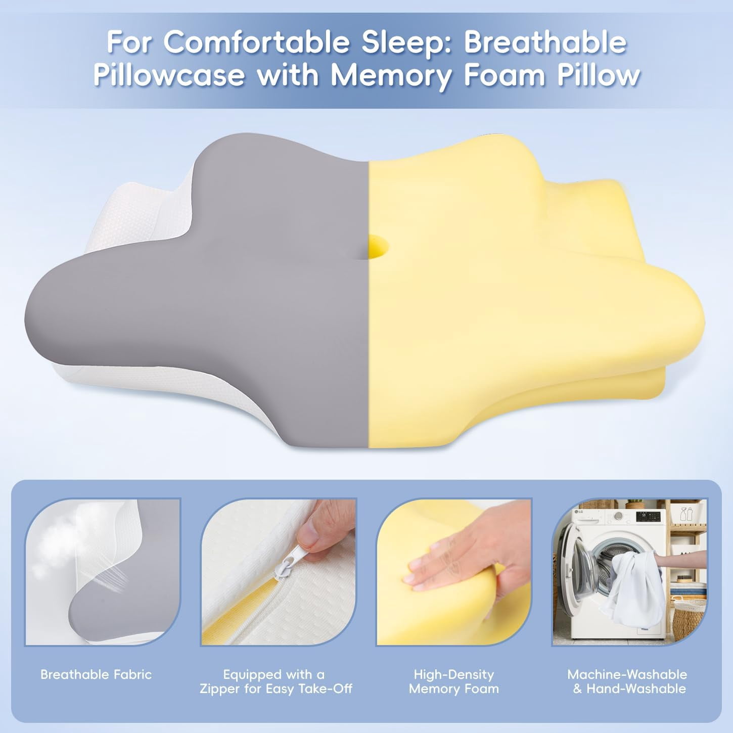 Poalid Neck and Shoulder Pain Relief Pillow, Memory Foam Cervical Support for Side Sleepers, Ergonomic 2 Heights Orthopedic Bed Pillow with Breathable Ice Silk Cover, Gray
