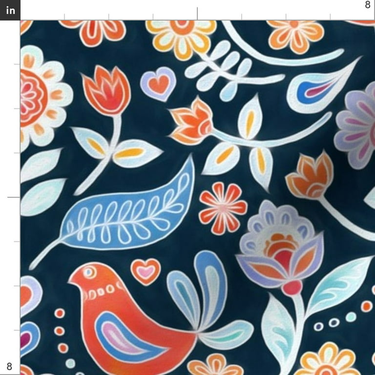 Spoonflower Fabric - Happy Folk Summer Floral Dark Swedish Art Birds  Flowers Painted Printed on Linen Cotton Canvas Fabric Fat Quarter - Sewing  Home