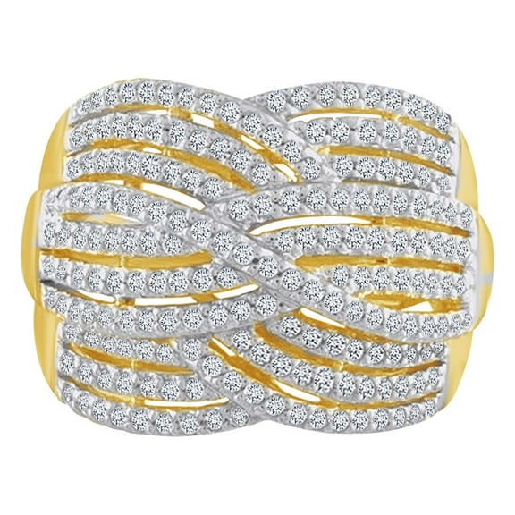 AFFY Round Cut White Natural Diamond Crossover Cocktail Ring In 10k Solid Yellow Gold (1 cttw)