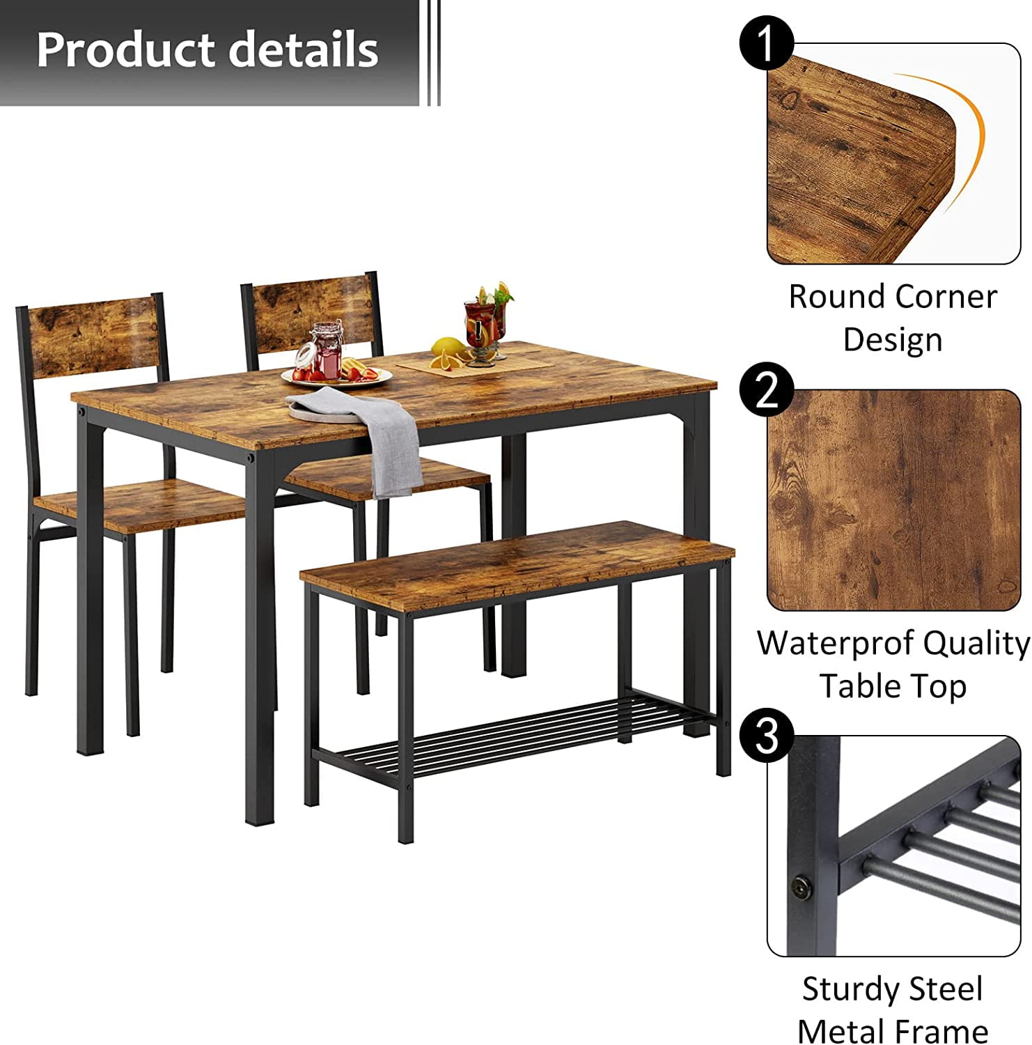 Dining Table Set for 4, Kitchen Room Table Set with Bench, 2-Piece Dining Chairs Set for Breakfast Nook - 42.9"×27.3" Retro