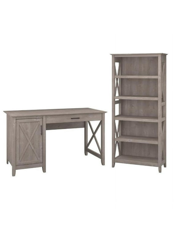 Bush Furniture Key West 2 Piece Single Pedestal Desk and 5 Shelf Bookcase Set in Washed Gray