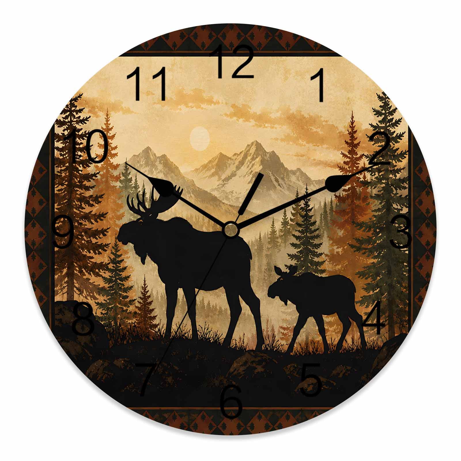 12 Inch Moose Wall Clock, Rustic Brown Wildlife Wilderness Pine Tree Forest Mountain Battery Operated Silent Non Ticking Clocks, Easy to Read Round Wall Clock for Kitchen/Living Room/Bedroom/Bathroom