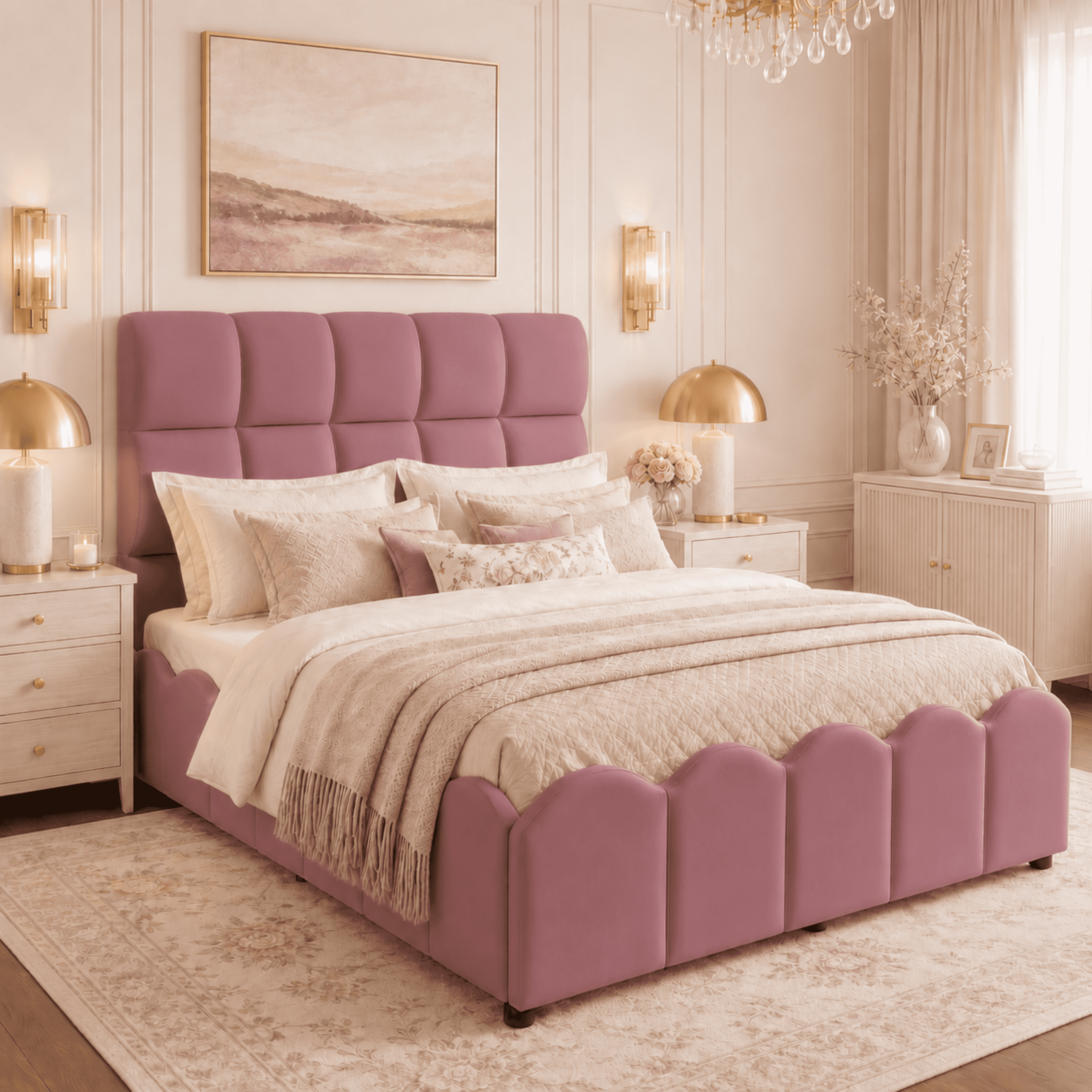 Euroco Upholstery Velvet Full Size Platform Bed with Tall Panel Headboard, No Box Spring Needed, Pink