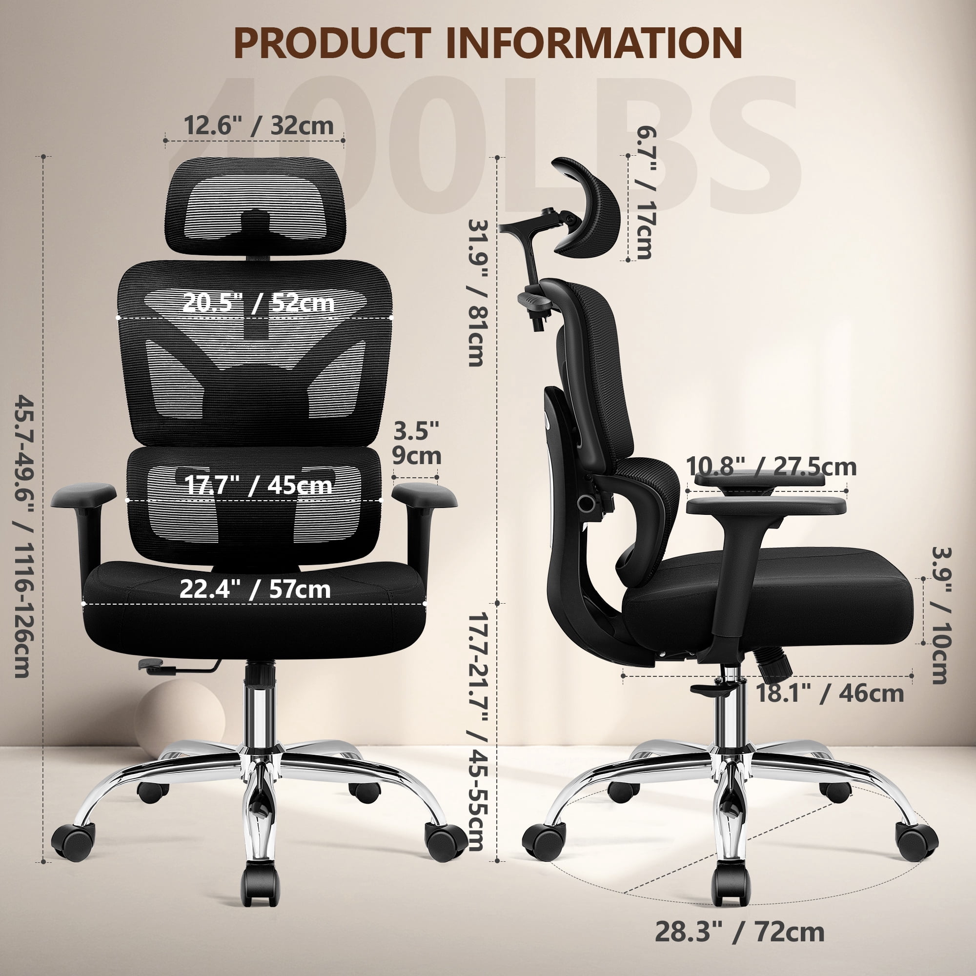 COOLHUT Ergonomic Mesh Office Chair, Big and Tall Computer Desk Chair with Adjustable Lumbar Support, Headrest and Armrest, High Back Home Office Chair for Workspace, Gaming,300LBS, Black