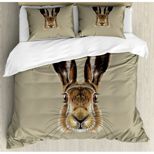 Bunny Duvet Cover Set King Size, Cute Face of a Wild Hare Realistic ...