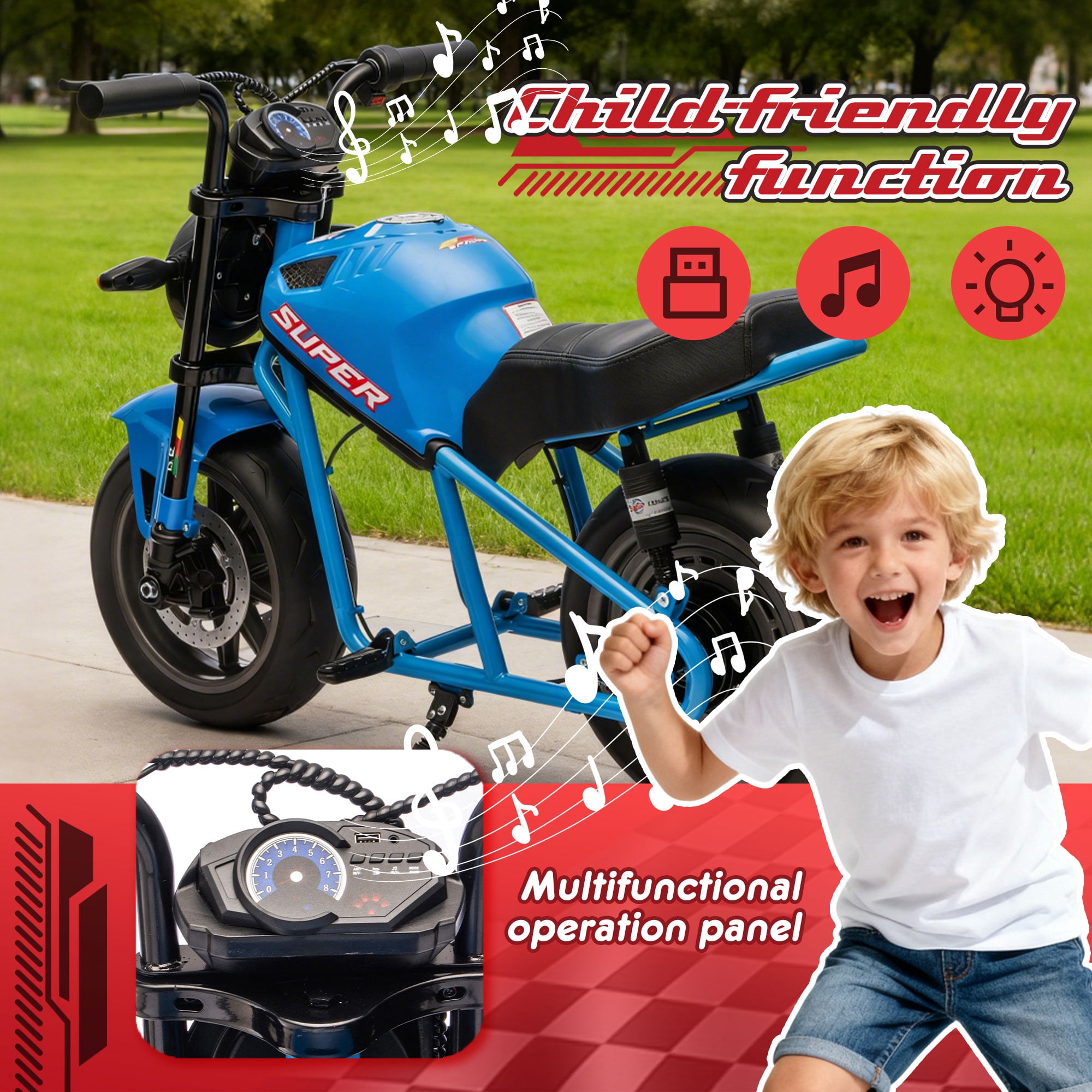 Aezusy 24V Electric Motorcycle for Kids, 300W Ride On Electric Dirt Bike 14in Widen EVA Wheels Muscle Motorcycle Toy for Kids 6+, Blue