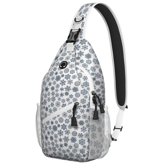Sling Backpack,Blue Christmas Snowflake Pattern Sling Bag with Water Bottle Holder,Waterproof Sling Bag for Men/Women with Headphone Jack for Hiking,Travel