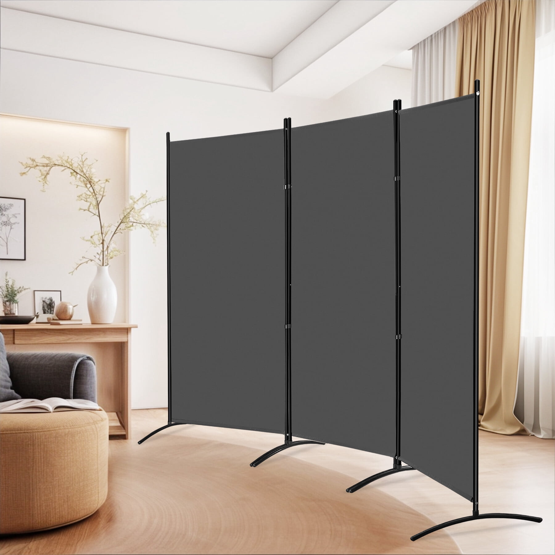 ZENY Room Divider 3 Panel Folding Partition Metal Frame Freestanding Fabric Room Panel Privacy Screens, Gray