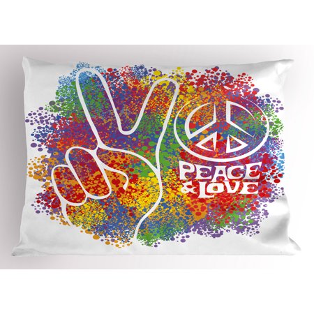 Decorative Symbols 70s Party Pillow Sham Hippie Peace and Love Symbol and Signs Two Fingers Antiwar Colorful Design Art, Decorative Standard Size Printed Pillowcase, 26 X 20 Inches, Multicolor, by Ambesonne ()