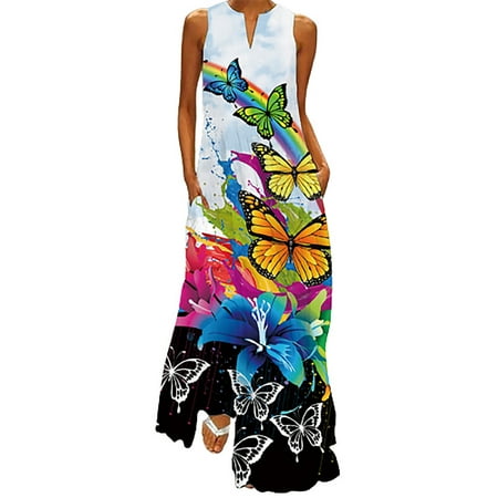 

Timegard Women s Sexy Digital Printed Long Skirt V-neck With Pockets Sleeveless Dress Multicolor XXL