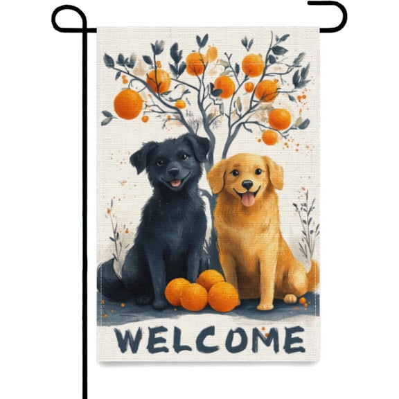 Welcome Garden Flag with Dogs Under Orange Tree, Double Sided Outdoor Farmhouse Yard Decoration, 12 x 18 Inch